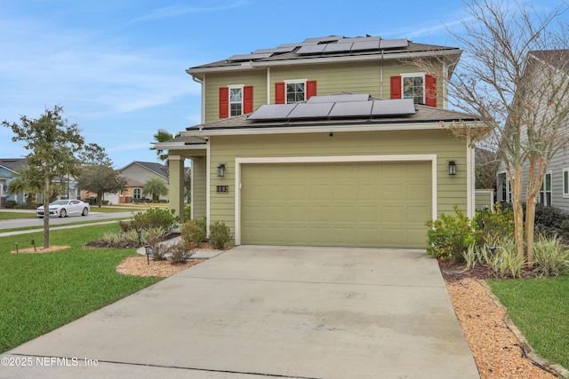 view of property with a front yard, a garage, and solar panels