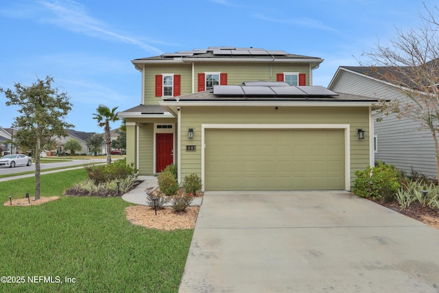 front of property featuring solar panels, a front lawn, and a garage