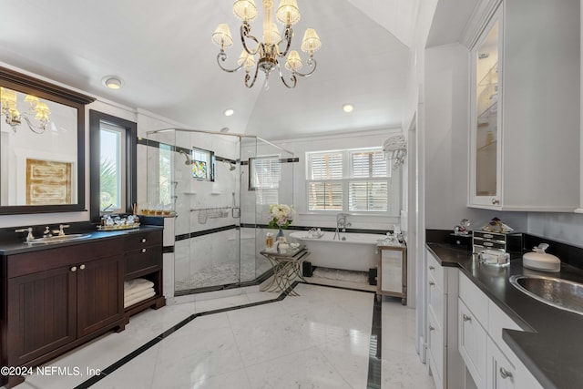 bathroom featuring tile patterned floors, a notable chandelier, plus walk in shower, and vanity