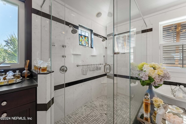 bathroom with a shower with shower door