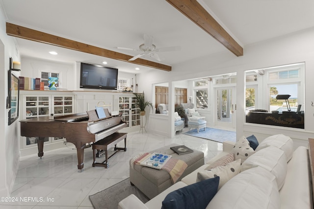 living room featuring ceiling fan, beam ceiling, and french doors