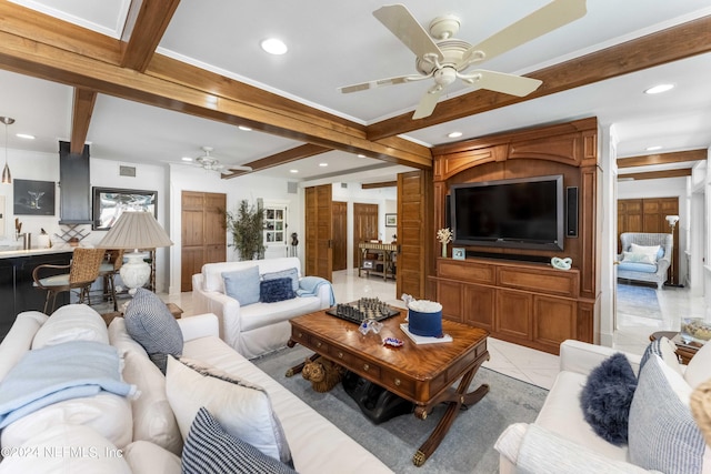 tiled living room featuring ceiling fan and beam ceiling