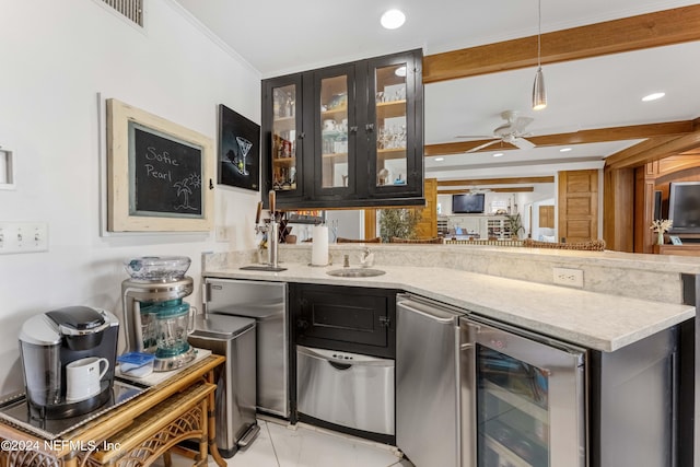 kitchen featuring ceiling fan, light stone countertops, beamed ceiling, decorative light fixtures, and beverage cooler