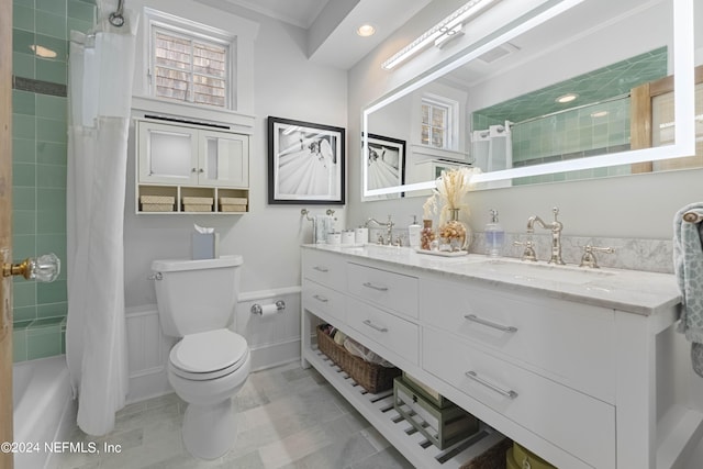 full bathroom featuring crown molding, plenty of natural light, vanity, and toilet