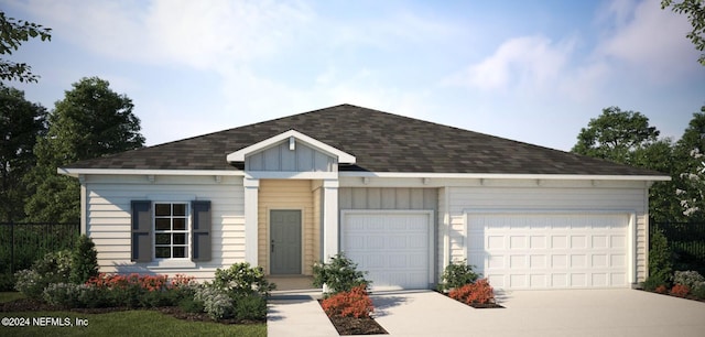 view of front of home with a garage, a shingled roof, fence, concrete driveway, and board and batten siding