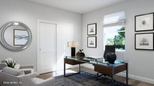 home office featuring dark hardwood / wood-style floors