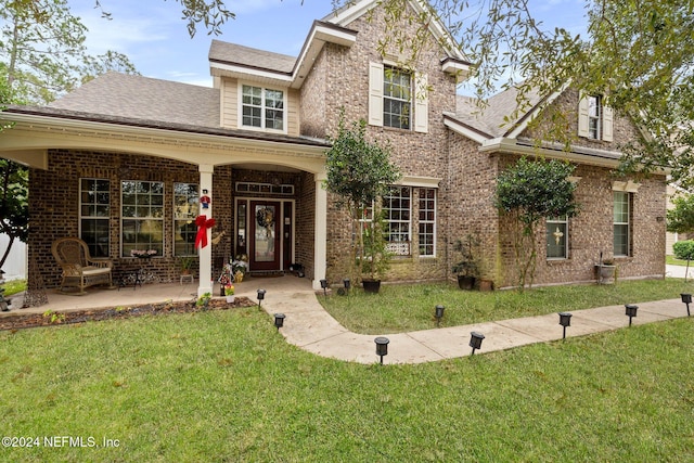 view of front of house with covered porch and a front lawn