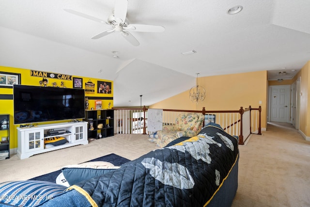 living room featuring vaulted ceiling, carpet flooring, and ceiling fan with notable chandelier