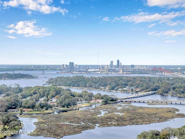 birds eye view of property featuring a water view