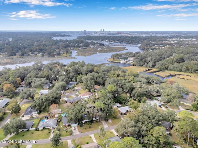 drone / aerial view with a water view