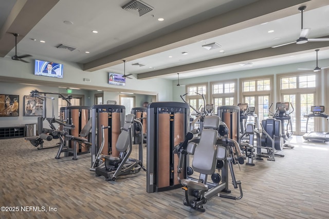 exercise room featuring ceiling fan, a healthy amount of sunlight, and carpet flooring