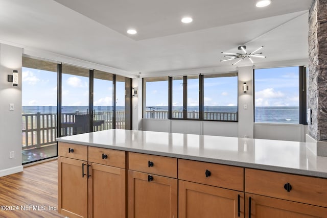 kitchen with ceiling fan, a water view, and light wood-type flooring