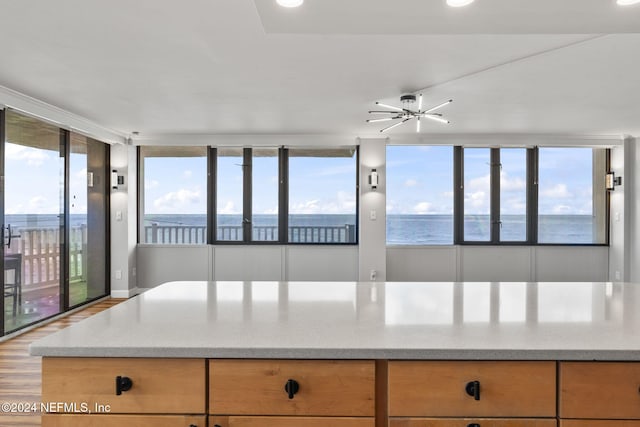 kitchen featuring light stone countertops, a water view, a wealth of natural light, and light hardwood / wood-style floors