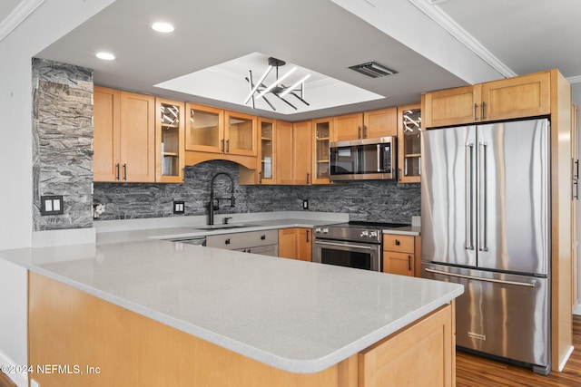 kitchen with kitchen peninsula, appliances with stainless steel finishes, decorative backsplash, crown molding, and sink