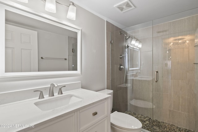 bathroom with vanity, toilet, and walk in shower