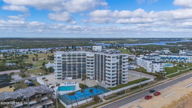 drone / aerial view with a water view