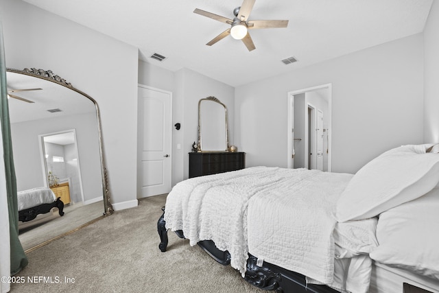 bedroom featuring carpet, connected bathroom, and ceiling fan