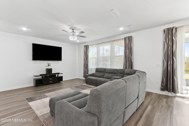 living room with ceiling fan and wood-type flooring