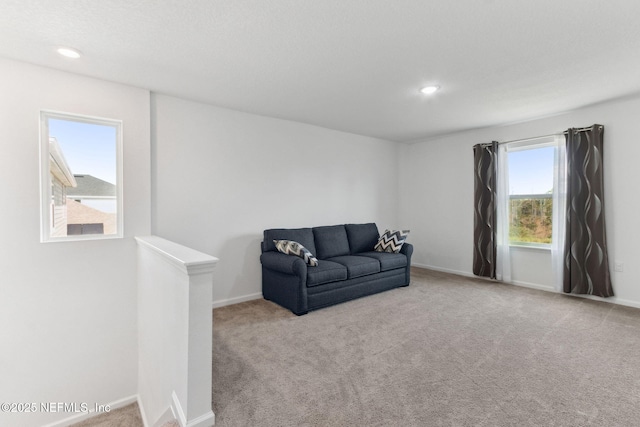 living area featuring light colored carpet