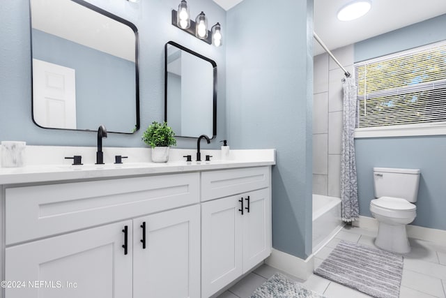 full bathroom with tile patterned flooring, vanity, toilet, and shower / bathtub combination with curtain