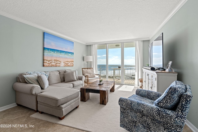 living area featuring a textured ceiling, baseboards, a wall of windows, and crown molding