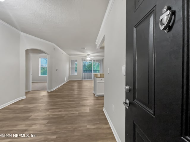 entryway with hardwood / wood-style flooring, a textured ceiling, and ornamental molding