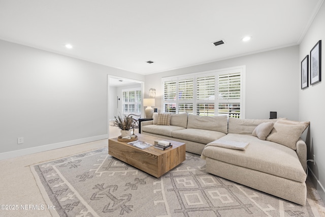 living room with crown molding