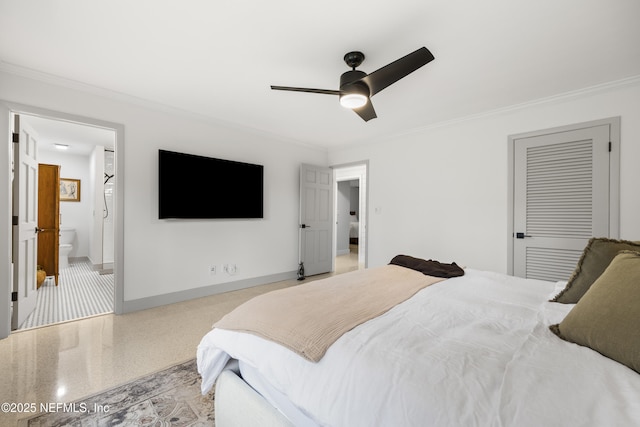 bedroom with connected bathroom, a closet, ceiling fan, and crown molding