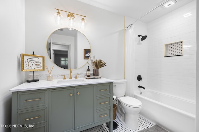 full bathroom featuring toilet, tile patterned floors, vanity, and shower / tub combo with curtain