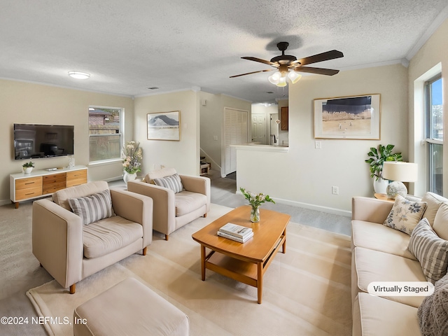 carpeted living room featuring crown molding, ceiling fan, and a textured ceiling