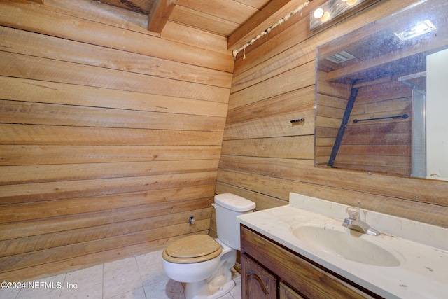 bathroom featuring beamed ceiling, toilet, wooden walls, vanity, and wood ceiling