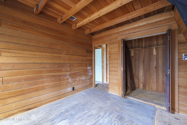 unfurnished room with beam ceiling, wood walls, and wood ceiling