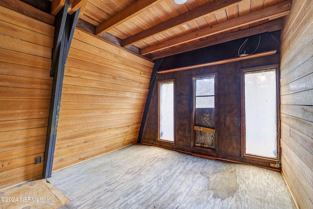 entrance foyer featuring beamed ceiling, wood walls, and wood ceiling