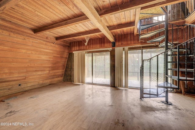 misc room featuring lofted ceiling with beams, wood walls, wooden ceiling, and hardwood / wood-style flooring