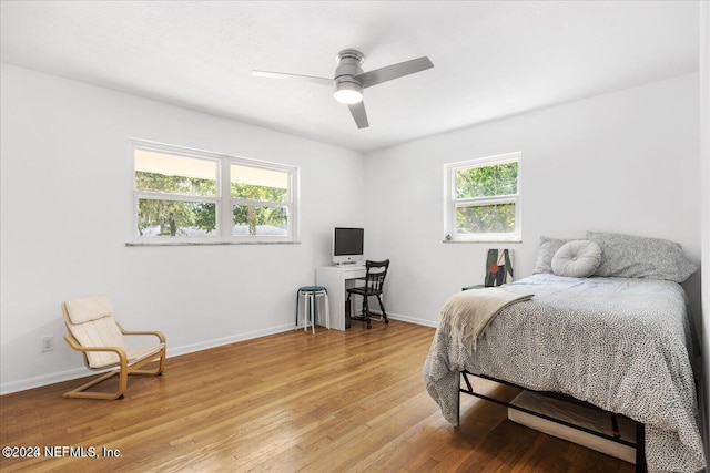 bedroom featuring multiple windows, light hardwood / wood-style flooring, and ceiling fan