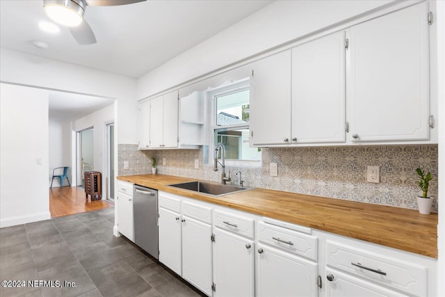 kitchen with white cabinets and stainless steel dishwasher