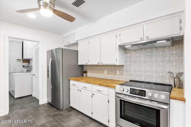 kitchen featuring white cabinetry, appliances with stainless steel finishes, and tasteful backsplash