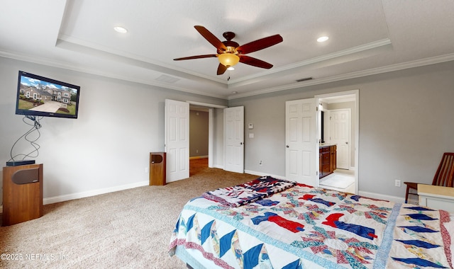 bedroom with a raised ceiling, ceiling fan, and ornamental molding