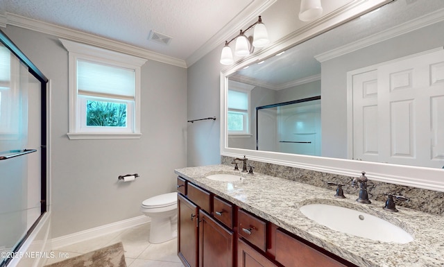 full bathroom with tile patterned floors, a textured ceiling, vanity, crown molding, and toilet