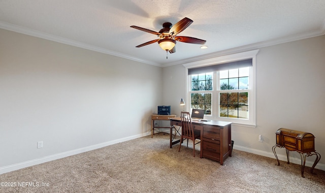 carpeted office featuring crown molding, ceiling fan, and a textured ceiling