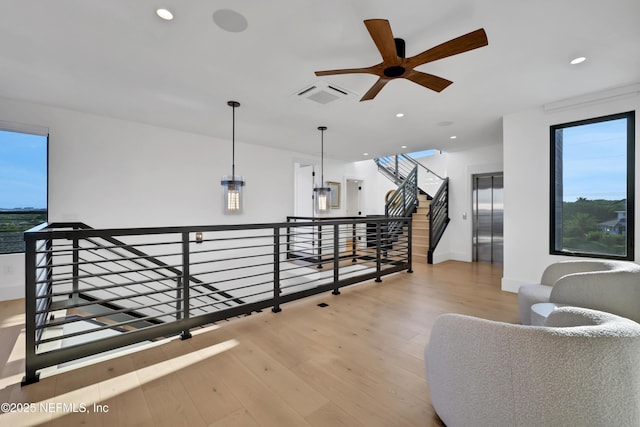 hall featuring light wood-type flooring, elevator, and a healthy amount of sunlight