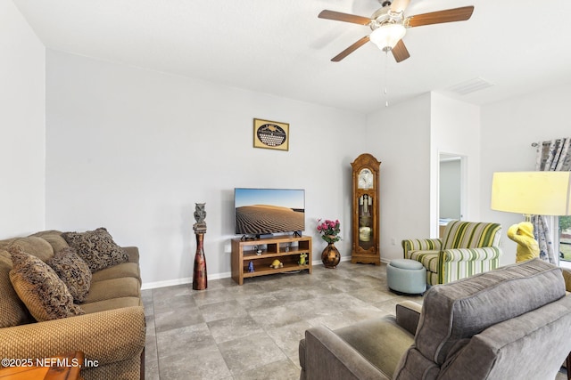 living room featuring ceiling fan