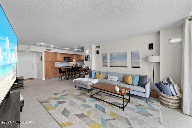 living room with a textured ceiling and track lighting