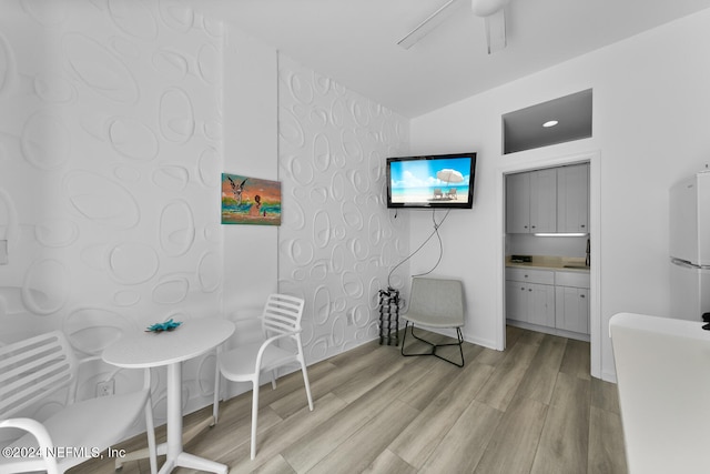 interior space featuring ceiling fan, sink, and light hardwood / wood-style floors