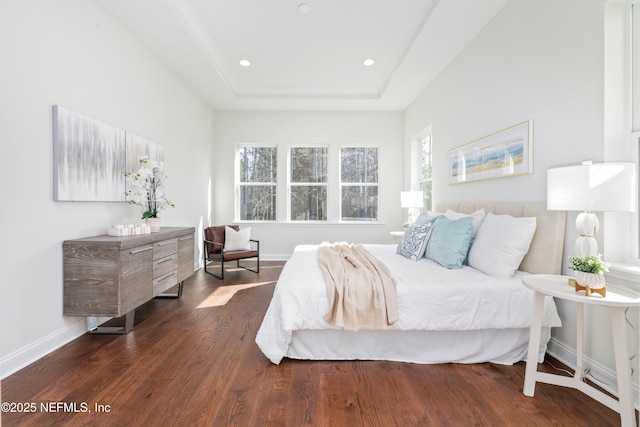 bedroom with a raised ceiling, multiple windows, and dark wood-type flooring