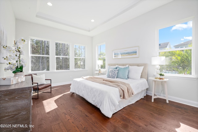 bedroom featuring dark hardwood / wood-style floors, a raised ceiling, and multiple windows