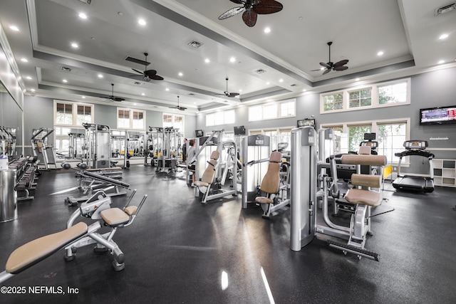 gym with a raised ceiling, crown molding, and a towering ceiling