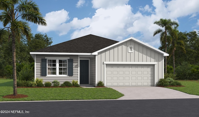 view of front of property with a front yard and a garage