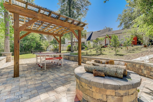 view of patio / terrace with a pergola and an outdoor fire pit