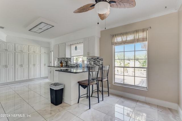 kitchen featuring white cabinets, a kitchen bar, tasteful backsplash, and plenty of natural light